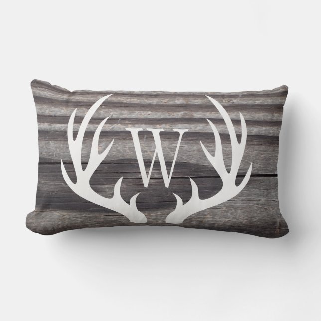 Coussin Rectangle Antlers de cerfs blancs Monogramme de bois Patiné (Recto)