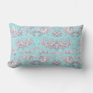 Coussin Rectangle Aqua vintage fleurie bleu toile de jouy