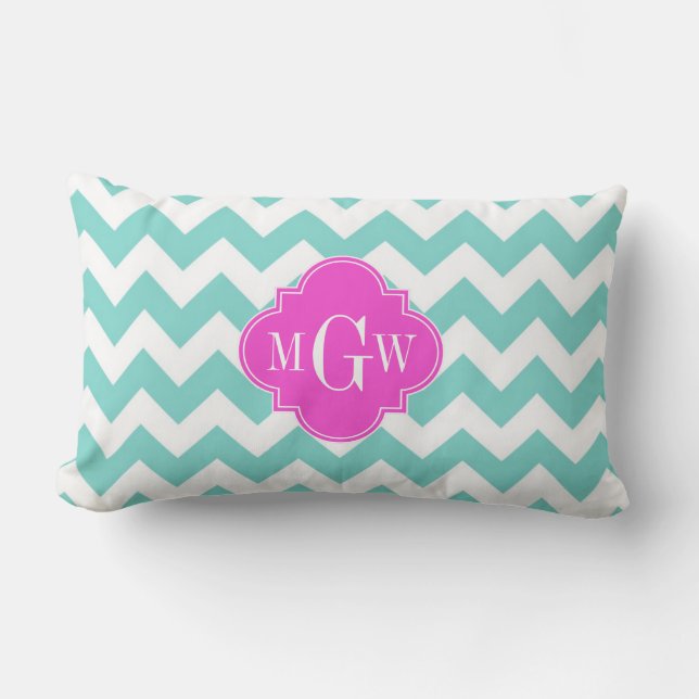 Coussin Rectangle Aqua White Chevron Hot Pink Quatrefoil 3 monogram (Recto)