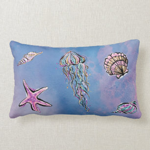 Coussin Rectangle Aquarelle abstraite de plage de coquilles de mer