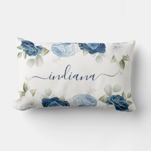 Coussin Rectangle Aquarelle bleu bleu foncé Floral Élégant Monogramm