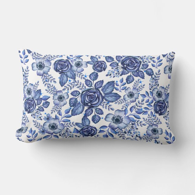 Coussin Rectangle Aquarelle bleu motif floral (Recto)