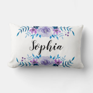 Coussin Rectangle Aquarelle bleu violet couronne florale Texte perso