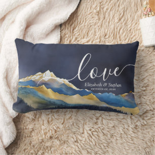 Coussin Rectangle Aquarelle Blue Gold Foil Mountain Mariage extérieu