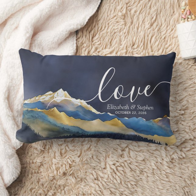 Coussin Rectangle Aquarelle Blue Gold Foil Mountain Mariage extérieu (Couverture)