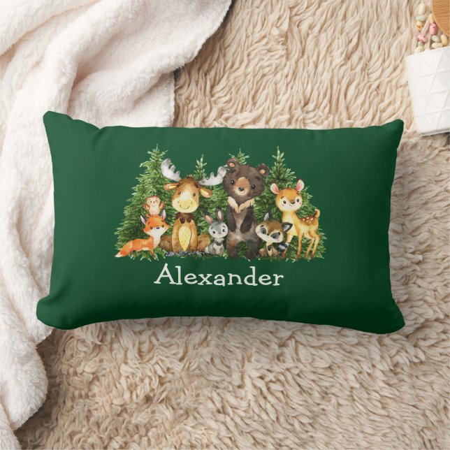 Coussin Rectangle Aquarelle Bois Animaux Forêts Arbres verts (Couverture)