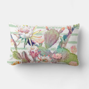 Coussin Rectangle Aquarelle cactus, motifs floraux et rayures