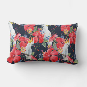 Coussin Rectangle Aquarelle d'oiseaux tropicaux Fleurs d'Hibiscus ro