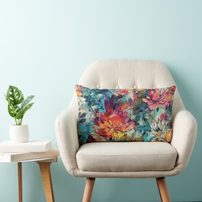 Coussin Rectangle Aquarelle éclaboussée et fleurs à l'encre (Chaise)