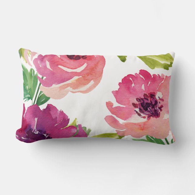 Coussin Rectangle Aquarelle Florale en rose et violet (Recto)
