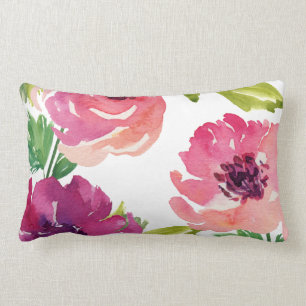 Coussin Rectangle Aquarelle Florale en rose et violet