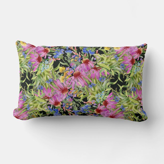 Coussin Rectangle Aquarelle Florale motif jaune vert rose (Recto)