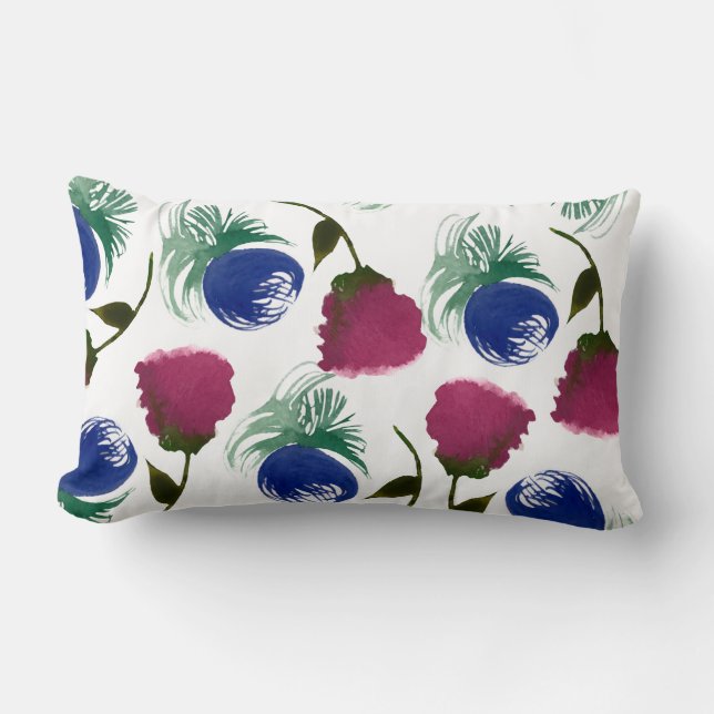 Coussin Rectangle Aquarelle Florales Bleu Bourgogne Peinture de Verd (Recto)