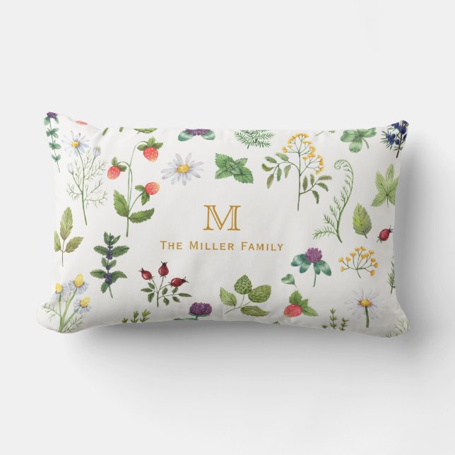 Coussin Rectangle Aquarelle Jardin Famille Monogramme Personnalisé (Recto)