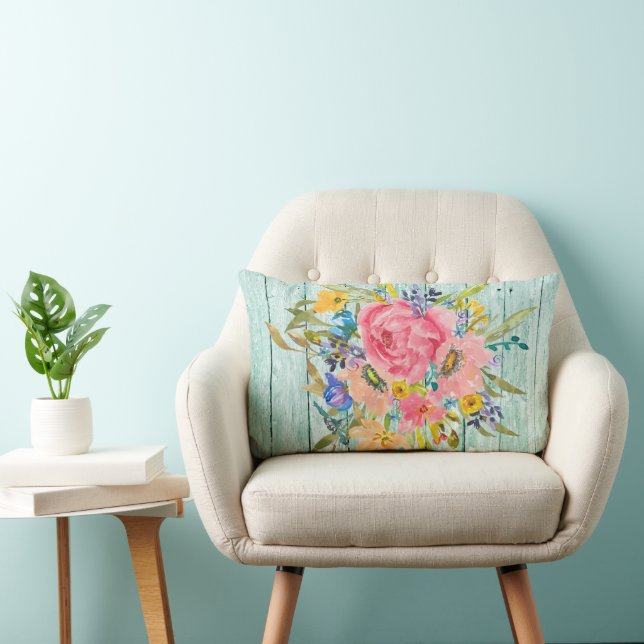 Coussin Rectangle Aquarelle Rose Floral Spray sur Chippy Aqua (Chaise)