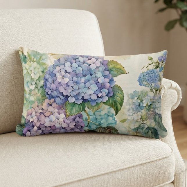 Coussin Rectangle Aquarelles d'hortensias colorés  (Créateur téléchargé)