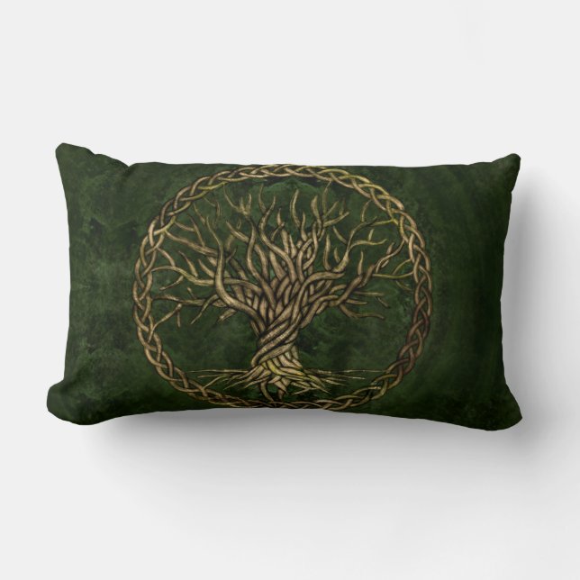 Coussin Rectangle Arbre de la vie - Yggdrasil - vert et or (Recto)