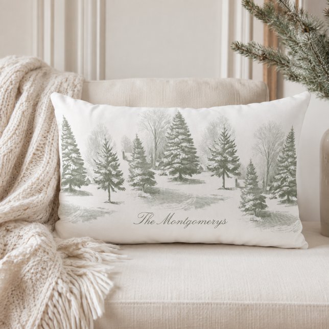 Coussin Rectangle Arbre de Noël en pin de la forêt hivernale Monogra (Créateur téléchargé)