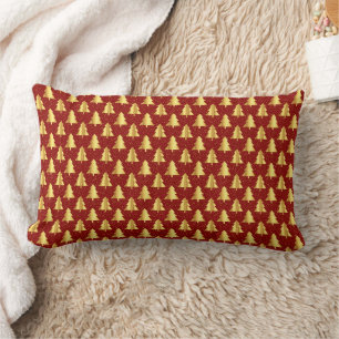 Coussin Rectangle Arbre de Noël Or Motif sans couture sur Rouge