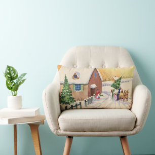 Coussin Rectangle Arbre de Noël Vintage sur une route hivernale enne