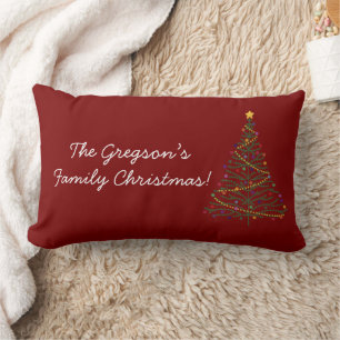 Coussin Rectangle Arbre décoré 'Joyeux Noël' et nom de famille Rouge