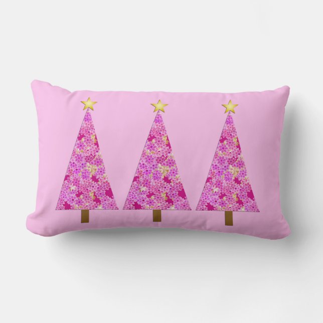 Coussin Rectangle Arbres de Noël modernes à fleurs roses Magenta (Recto)