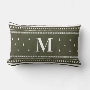 Coussin Rectangle Arbres de Noël nordiques et monogrammes verts