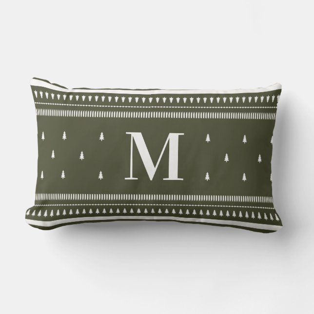 Coussin Rectangle Arbres de Noël nordiques et monogrammes verts (Recto)