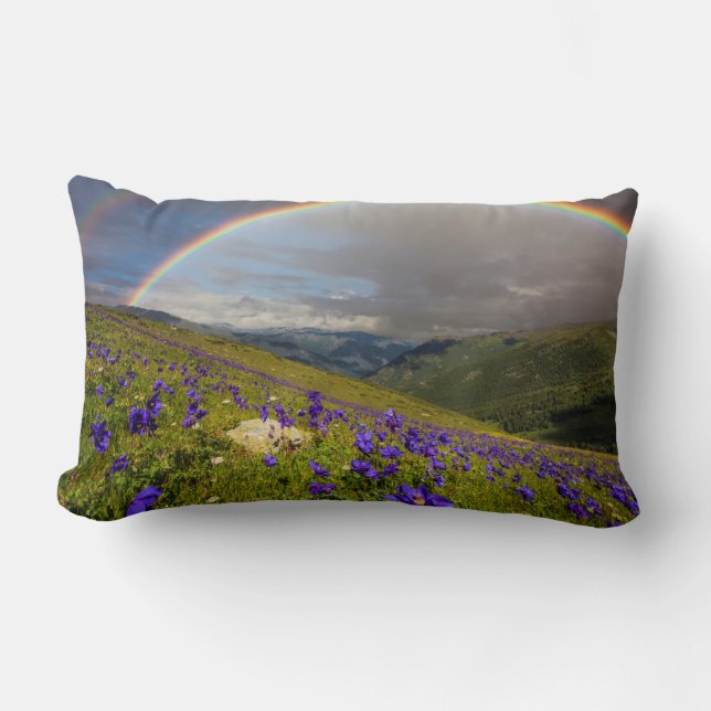 Coussin Rectangle Arc-en-ciel au-dessus d'un pré fleurissant (Recto)