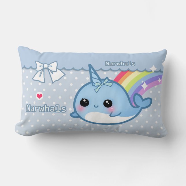Coussin Rectangle Arc-en-ciel mignon narwhal sur le pois blanc et (Recto)