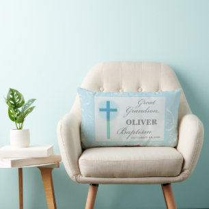 Coussin Rectangle Arrière-petit-fils Baptême Dentelle Bleue Personna