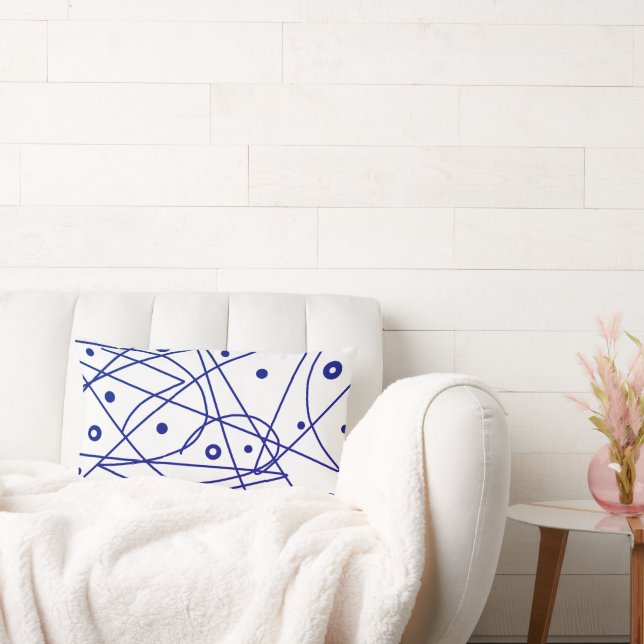 Coussin Rectangle Art Abstrait Bleu Lignes blanches Cercles Minimali (Canapé)