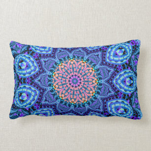 Coussin Rectangle Art bleu fleuri de kaléidoscope de vibrations de