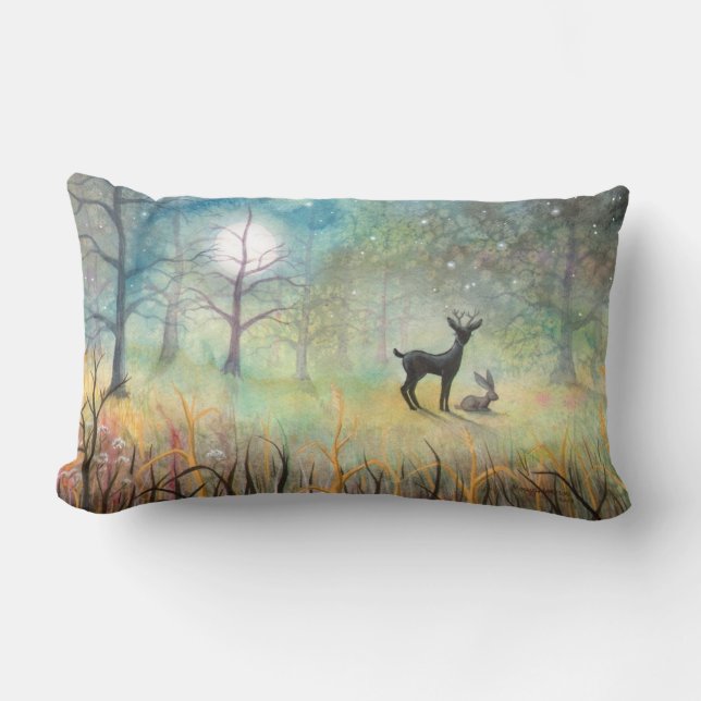 Coussin Rectangle Art de la faune fantastique aquarelle cerf et lapi (Recto)
