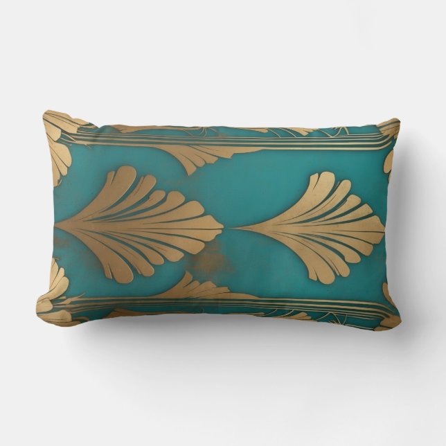 Coussin Rectangle Art Déco en bleu et or (Recto)