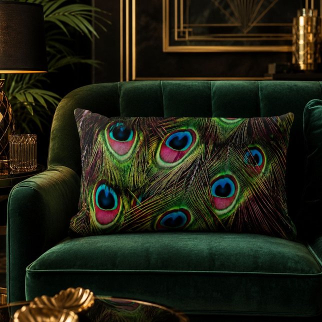 Coussin Rectangle art déco vert sarcelle turquoise plume de paon (art deco teal green turquoise peacock feather lumbar pillow)