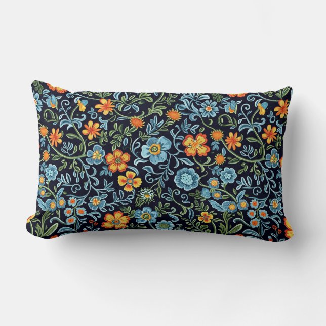 Coussin Rectangle Art floral complexe : Fleurs bleues et orange  (Recto)