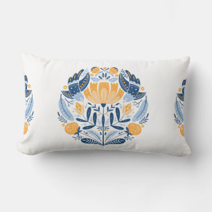 Coussin Rectangle Art populaire ornement rond avec oiseaux, roses et