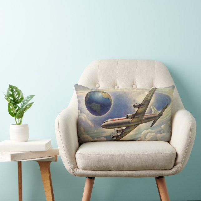 Coussin Rectangle Avion Ancien Volant Autour du Monde dans les Nuage (Chaise)