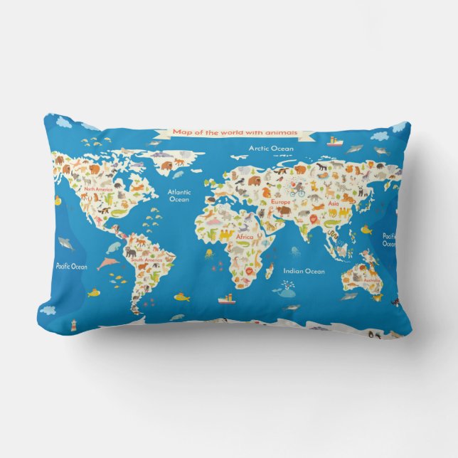 Coussin Rectangle Badine la carte du monde avec des animaux (Recto)