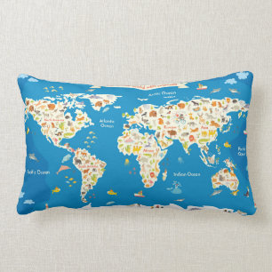 Coussin Rectangle Badine la carte du monde avec des animaux
