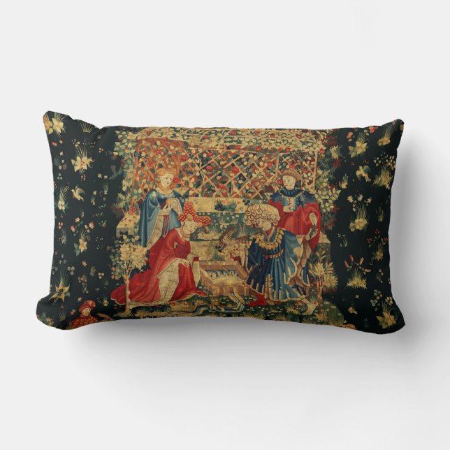 Coussin Rectangle BAIN FALCONS BAIN Rouge Bleu Antique Tapisserie Mé (Recto)