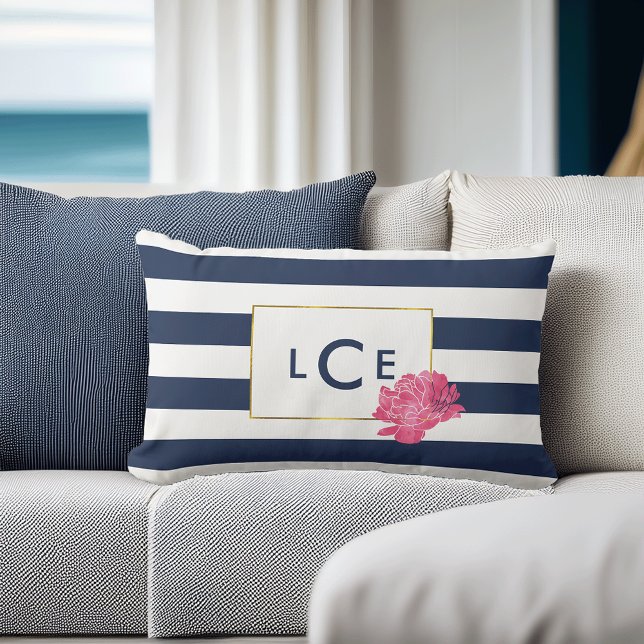 Coussin Rectangle Bande marine et blanche avec pivoine rose | Monogr (Créateur téléchargé)