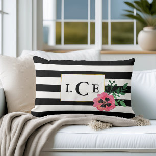 Coussin Rectangle Bande noire et monogramme floral rose Lisse oreill