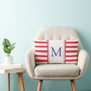 Coussin Rectangle Bande rouge et blanche avec Monogramme bleu marine