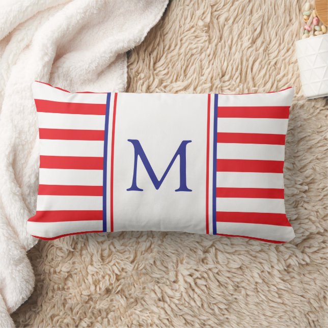 Coussin Rectangle Bande rouge et blanche avec Monogramme bleu marine (Couverture)