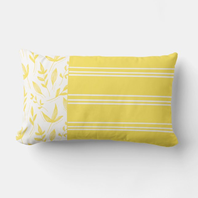 Coussin Rectangle Bandes jaunes et blanches et botaniques (Recto)