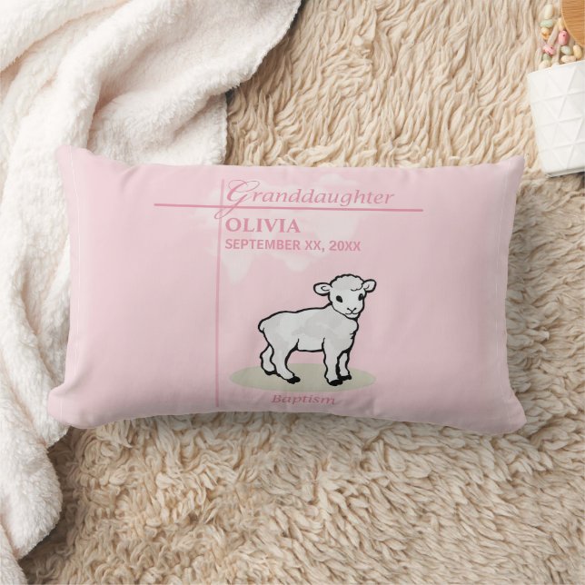 Coussin Rectangle Baptême de la petite-fille Pink Girl Lamb Nom et d (Couverture)