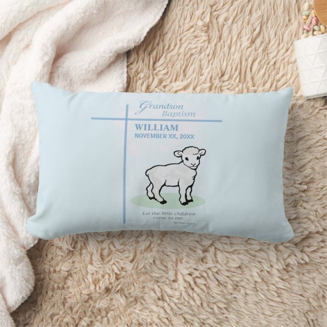 Coussin Rectangle Baptême de petit-fils Agneau Bleu Personnalisé (Couverture)