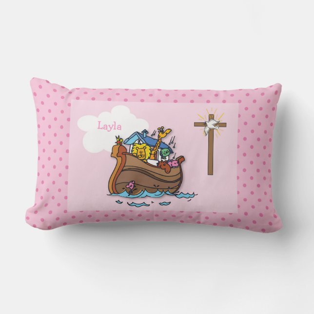 Coussin Rectangle Baptême personnalisable de l'Arche de Noé pour béb (Recto)